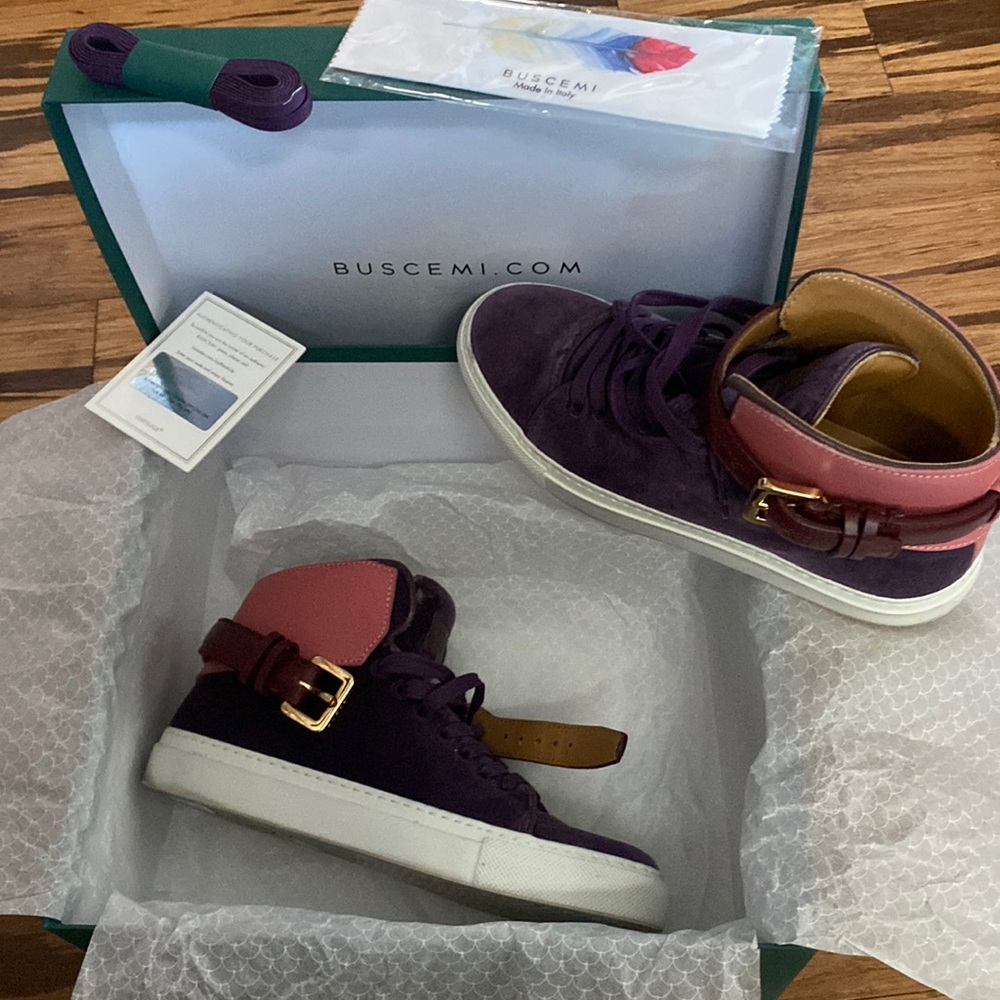 Buscemi velvet high top buckle leather strap lace sneakers